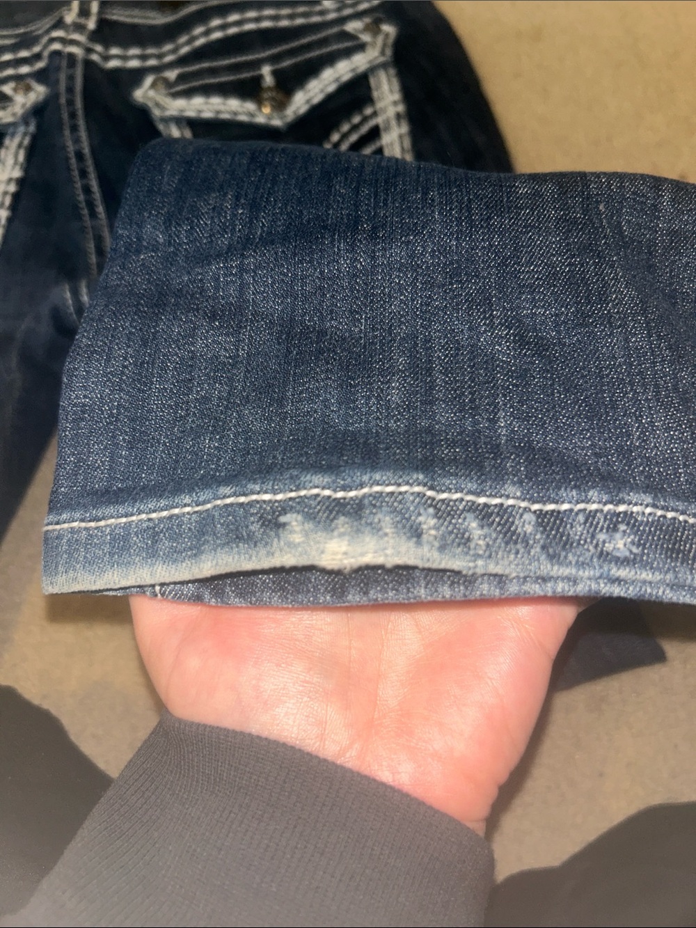 LA IDOL Jeans Dark Blue Flared Women's denim Vintage White Contrast Stitching - Picture 6 of 7